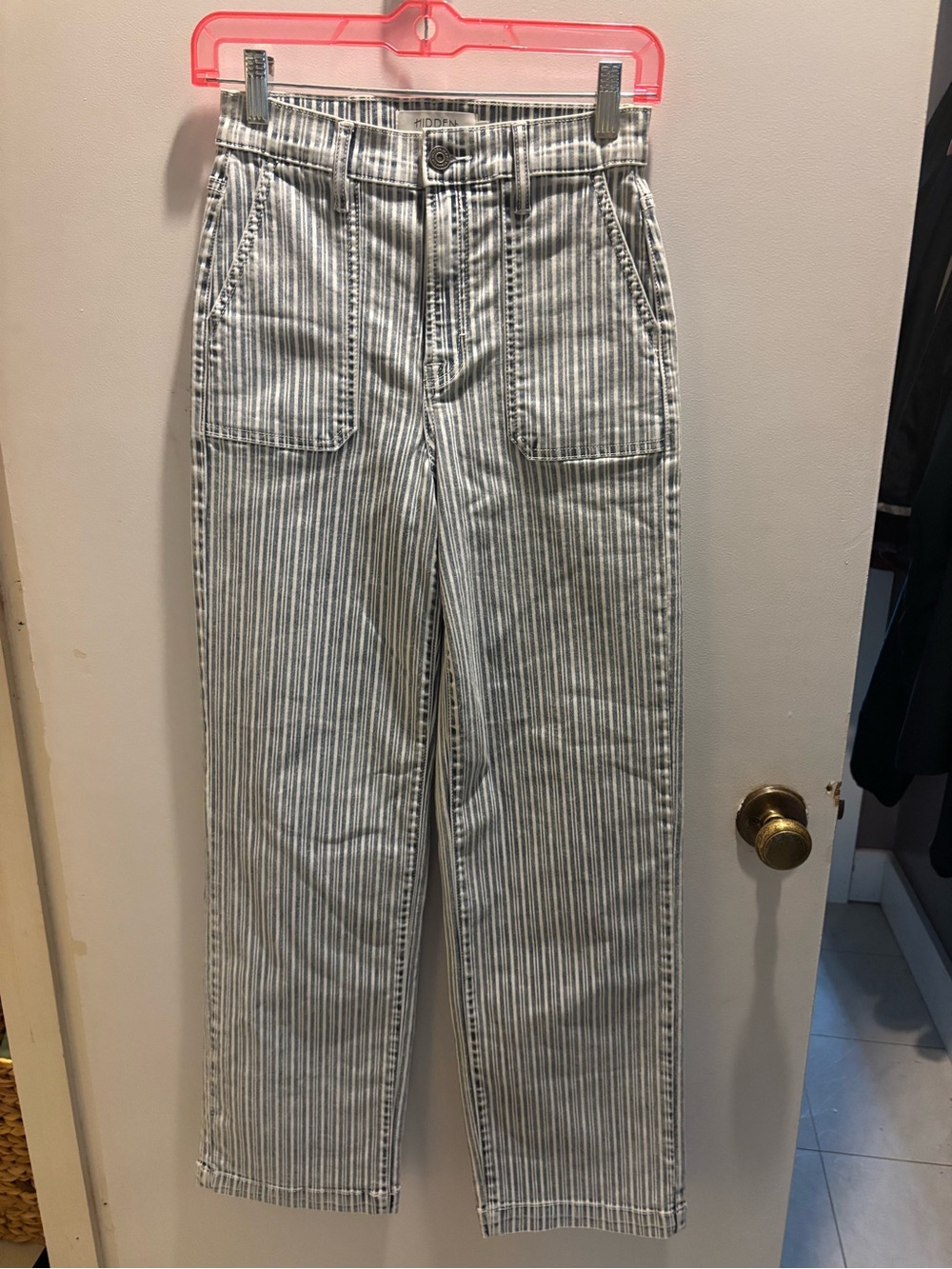 Striped High-Rise Utility Pants in White and Navy
